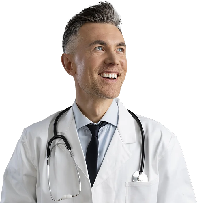 A smiling doctor in a white coat