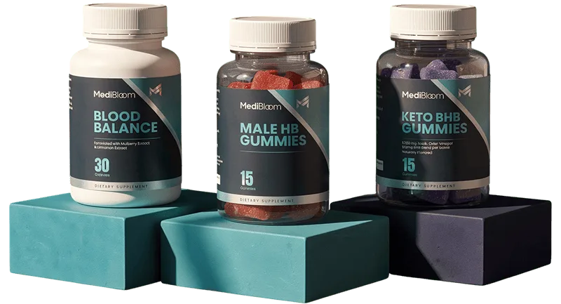 MediBloom supplement bottles on display stands